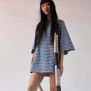 Free People Beach Charlie Bell Sleeve Mini Dress in Blue and White Stripes, XL